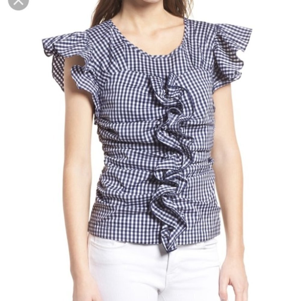 Chelsea 28 Gingham Ruched Poplin Top in Navy/white